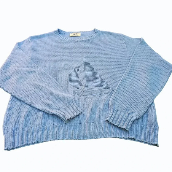 Vtg Winona Knits Sailboat Knit Sweater Blue Coastal Grandma Nautical Cape Cod - Picture 2 of 12